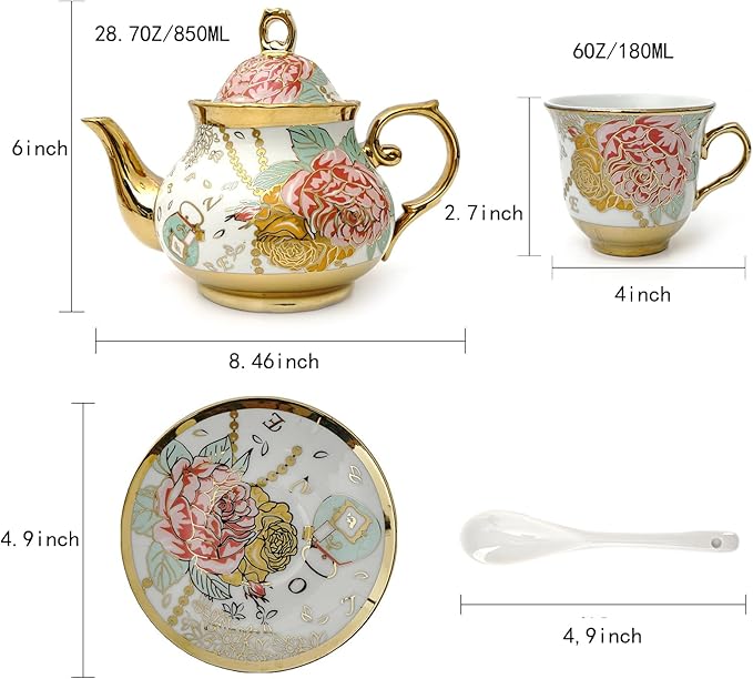 CHANJOON Gold Plated Red Rose Ceramic Tea Set, Vintage Teapot, Beautiful Tea Set Coffee Serving 6 People (Golden, large) - Bloomnest