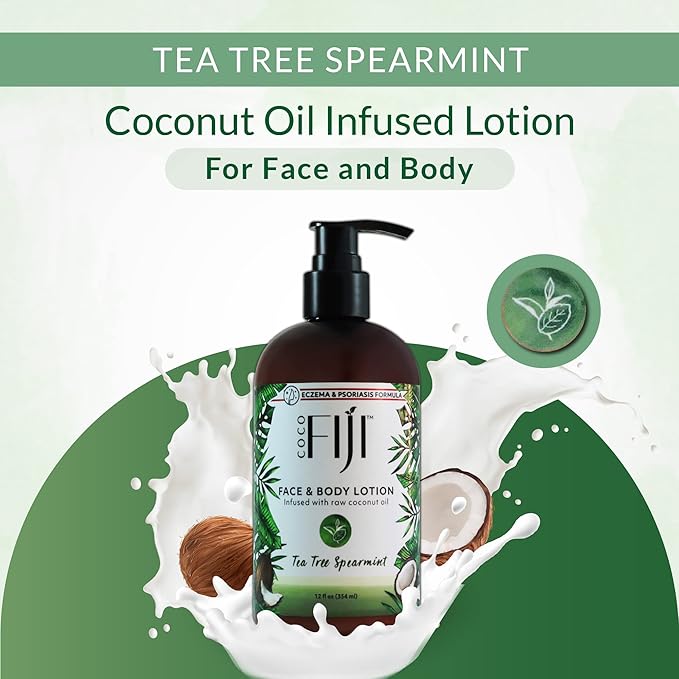 Coco Fiji Face & Body Lotion Infused With Coconut Oil | Lotion for Dry Skin | Moisturizer Face Cream & Massage Lotion for Women & Men | Tea Tree Spearmint 12 oz, Pack of 1 - Bloomnest
