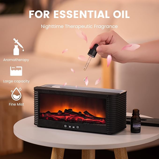 Flame Fireplace Aroma Essential Oil Diffuser, 250ml Ultrasonic Aromatherapy Humidifier with 9 Color LED Lights & Timer, Fireplace-Style Cool Mist Air Diffuser for Home Bedroom Office Yoga - Bloomnest
