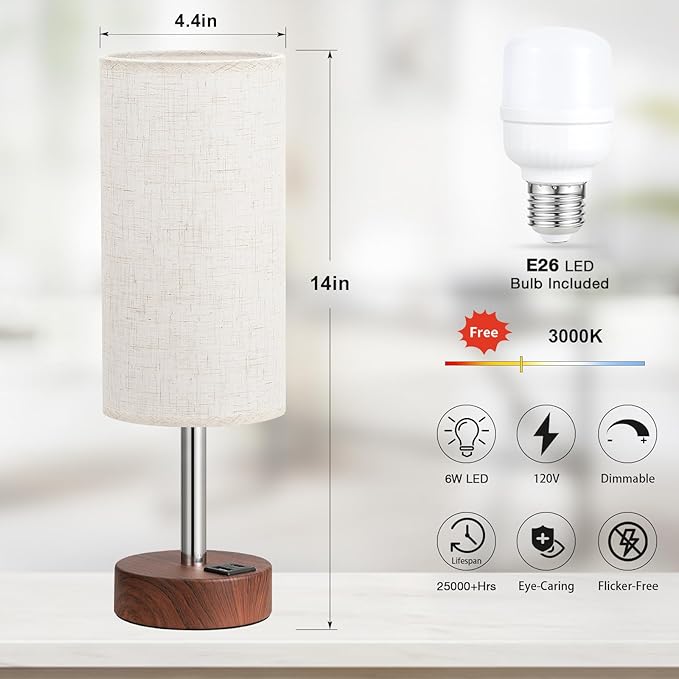 Dicoool Touch Bedside Table Lamp with USB - 3 Way Dimmable Redwood Lamps for Bedroom Nightstand, Desk Lamp with Charging Station for Dorm, Living Room, Office, Kids Room, Nursery - Bloomnest