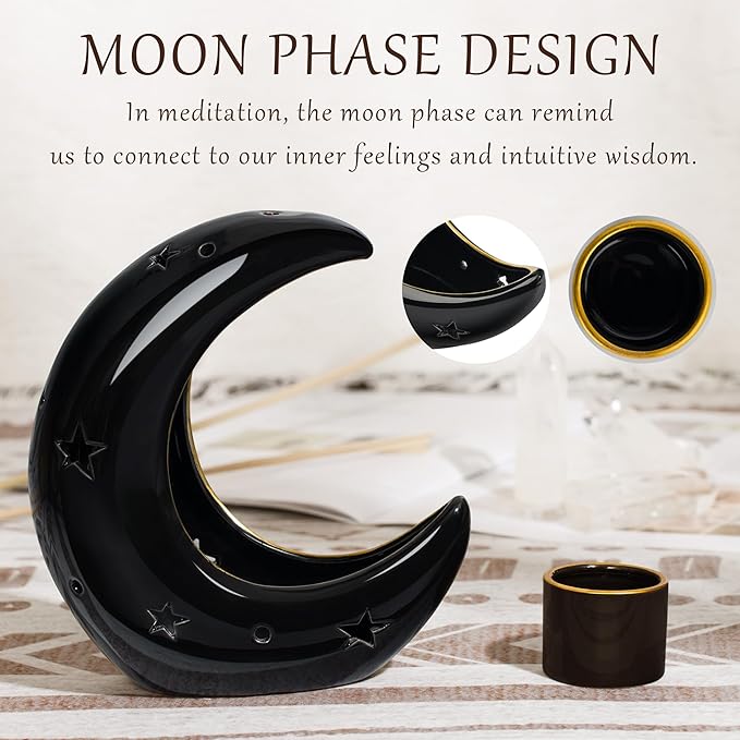 ZenBless Moon Versatile Ceramic Backflow Incense Holder and Burner Waterfall,for Burning Sage, Palo Santo, Backflow Cone and Candle,Aromatherapy Ornament Home Room Decor,the Ideal Present (Black) ZenBless