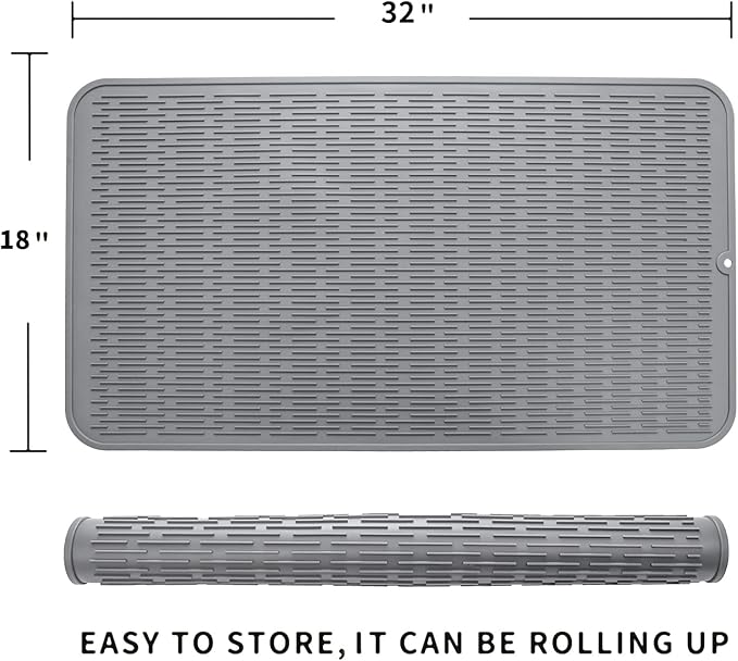 Silicone Dish Drying Mat for Multiple Usage,Easy clean,Eco-friendly,Heat-resistant Silicone Mat for Kitchen Counter or Sink,Refrigerator or Drawer Liner Grey 4XL 32 inches x 18 inches - Bloomnest