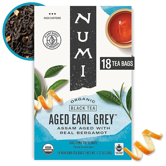 Numi Organic Aged Earl Grey Tea, 18 Black Tea Bags with Real Bergamot, Microplastic Free, High Caffeine - Bloomnest