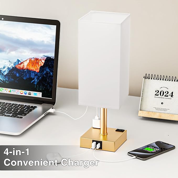 Gold White Touch Table Lamp - Bedside Lamp with USB A + Type C Charging Ports and Two AC Outlets, Small Night Stand with E26 LED Bulb, Desk Light for Bedroom Living Room Office Dorm - Bloomnest