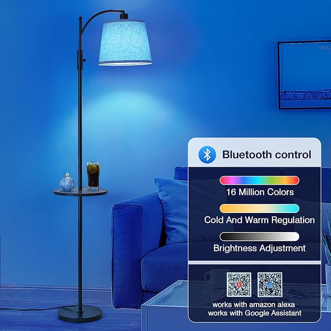 AIDENOEY Smart Floor Lamp with Side Table | Stepless Dimming, RGB Multi-Color | Adjustable Swivel Head | Voice Control with Alexa & Google Assistant |Black Lamp for Living Room,Bedroom,Home Office - Bloomnest