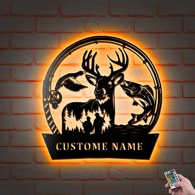 Lovely POD Personalized Hunting Metal sign, Hunting Art, Custom Dueling Caribou Elk Deer Led Lights Metal Wall Art, Personalized Hunter Name Decoration for Home Wildlife Art Outdoor Home Decor - Bloomnest