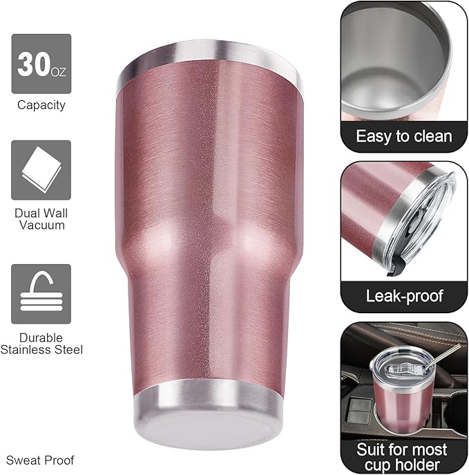 30 oz Tumbler with Lids and Straws Double Wall Vacuum Insulated Tumbler Cup,Stainless Steel Leak-proof Thermal Tumbler Travel Coffee Mug for Cold and Hot Drinks,Rose Gold - Bloomnest
