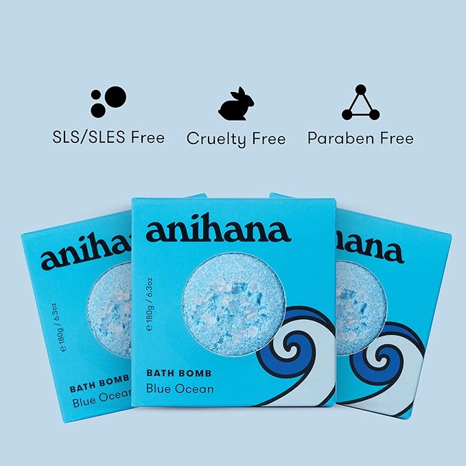 ANIHANA Bath Bombs with Coconut Oil, Paraben Free, Hand-Crafted Luxury Fizzers, Refreshing Blue Ocean Scent, 6.3 oz Each, 3 Pack - Bloomnest