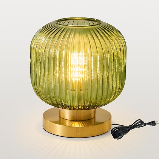 Mid Century Green Table Lamp: Vintage Ribbed Globe Pumpkin Glass Dimmable Plug in Small Bedside Lamps - Cute Brass Gold Modern Side Table Lamp Nightstand Light for Bedroom Entryway Desk Living Room - Bloomnest