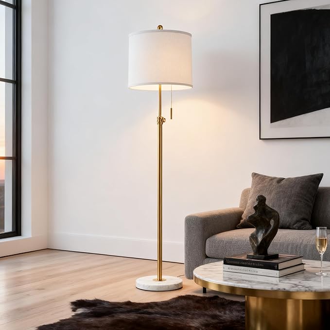 PARTPHONER Floor Lamp for Living Room, 66'' Adjustable Height Standing Lamp with Marble Base, 3-Color Tall Lamps with Pull Chain, Suitable for Bedroom, Reading, Office (Bulb Included, White Shade) - Bloomnest