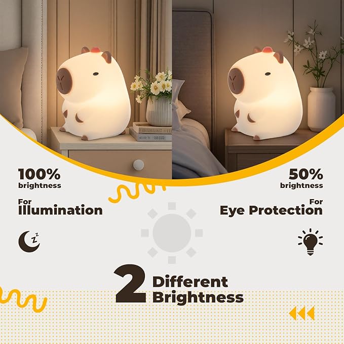 LED Squishy Animal Night Light - 2 Level Dimmable Nursery Lamp for Kids, Rechargeable Touch Lamp, Cute Dorm Decor - Perfect Baby Boys Girls Gift (Kapibala) - Bloomnest
