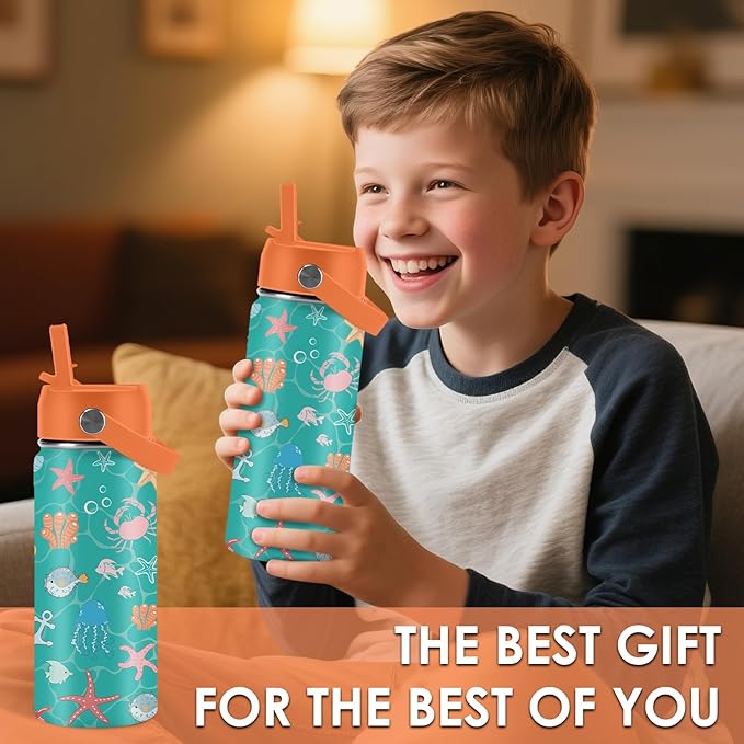 Ocean Gifts for Kids - 16 Oz Green Water Bottle with Straw Lid, Stainless Steel Insulated Tumbler, Leak Proof, BPA-Free, for Girls & Boys, School, Beach - Marine Life Lovers Birthday Gifts (1pc) - Bloomnest