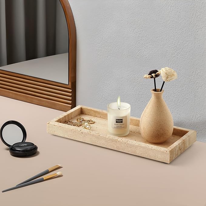 Real Natural Small Marble Tray for Bathroom, Vanity, Kitchen and Desktop, Rectangle Genuine Marble Stone Tray for Jewelry, Cosmetics, Candles, Lotion, Perfume and Home Decor