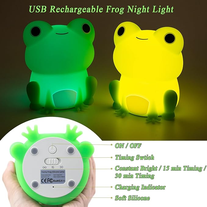 Night Light for Kids, Cute Frog Night Lamp Bedroom Nightlight for Girls Boys Teens, USB Rechargeable Silicone Animal Nightlight Christmas Birthday Gifts, Room Decor - Bloomnest