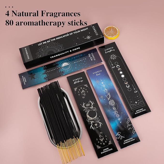 Incense Sticks Gift Set of 80-4 Scents (White Sage, Sandalwood, Jasmine & Lavender), Organic & Slow-Burning for Relaxation, Meditation & Aromatherapy (Black) YINECO