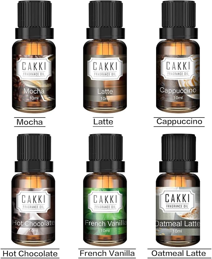 Coffee Essential Oils Set for Diffuser, 6 x10ml, Cakki Fragrance Oils Gift Set with Mocha, Latte, Cappuccino, Hot Chocolate, Vanilla, Oatmeal Latte. for Candle Making - Bloomnest