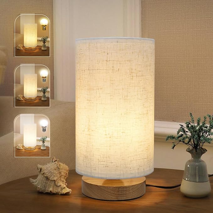 Minimalist Dimmable Nightstand Lamp with Round Fabric Linen Shade, 3 Color Temperatures, Desk & Bedside Lamp for Study, Living Room, Bedroom, Office, Dorm - Bloomnest