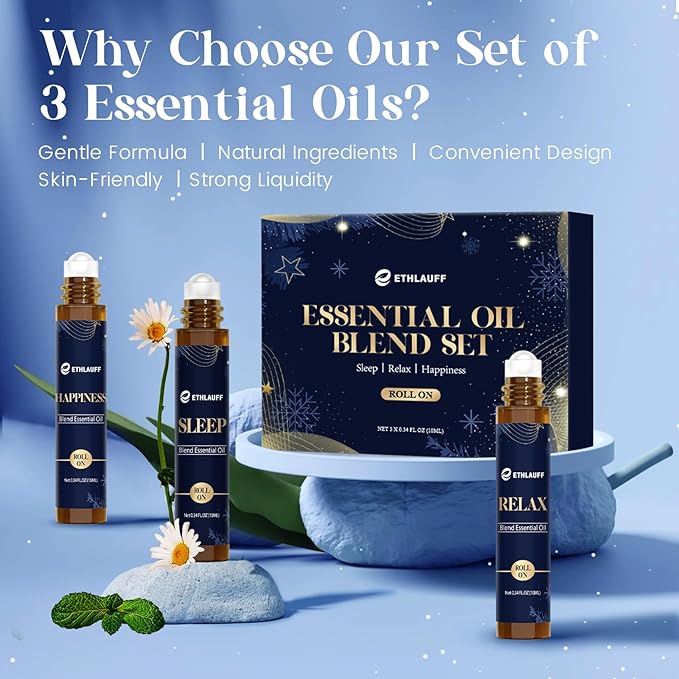 Essential Oil Roller Set, (Sleep, Relax, Happiness) Aromatherapy Roll On for Body Skin Care, Home - Natural Aromatherapy Gift, Relaxtion Gift, Stress Relief Gift for Women and Men - Bloomnest