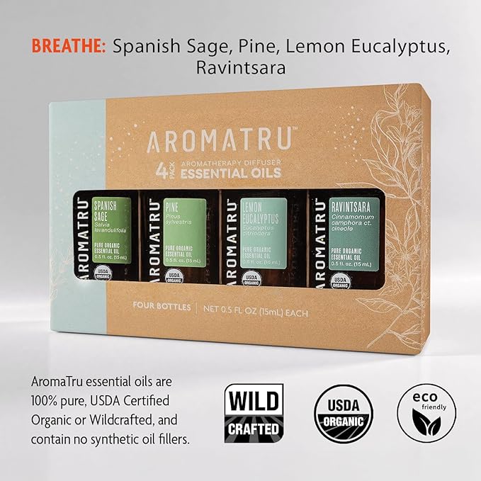 Breathe Essential Oil Kit – Spanish Sage, Pine, Lemon Eucalyptus, and Ravintsara – Organic & Wildcrafted – ISO Certified – No Synthetic Fillers – Ethically Sourced - Bloomnest