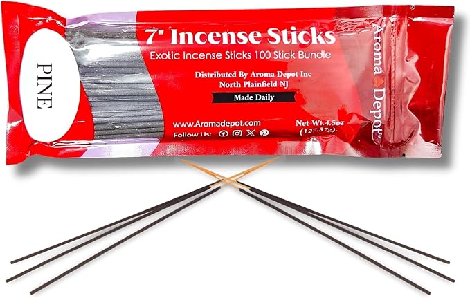 Aroma Depot Pine 7" Incense Sticks. Approx. 85 to 100 Sticks Per Bundle, Length - 7 Inch, Each Natural Stick Burns for 35 to 45 mins. Exotic Long-Lasting Fragrance. AromaDepotInc