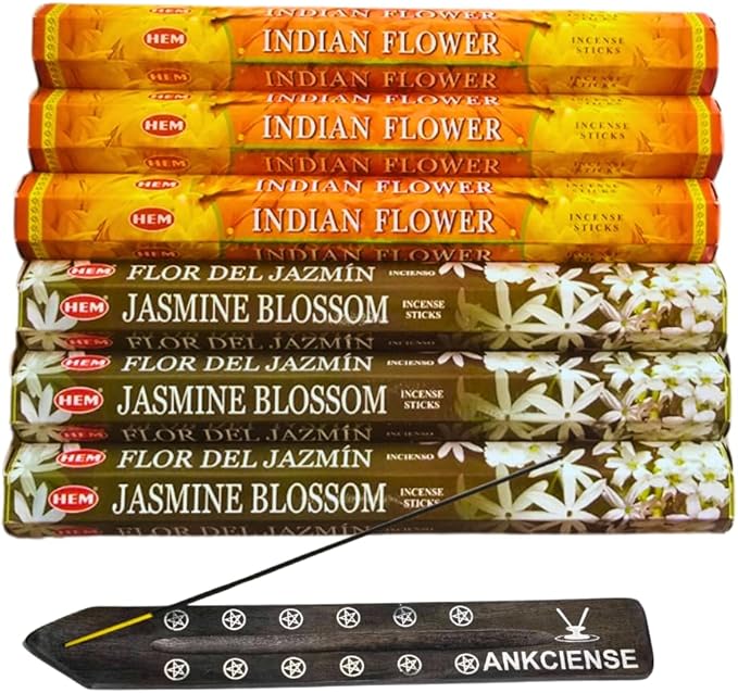 Sandalwood & Vanilla Incense from Hem Bundled with ANKCIENSE Incense Holder Bundle, Variety Pack of 120 Sticks (Indian Flower & J Blossom) ANKCIENSE