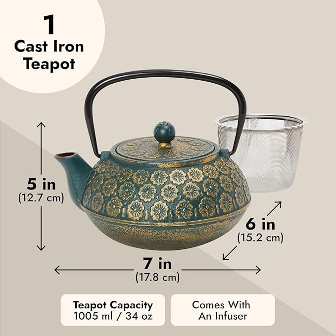 Juvale Cast Iron Tea Kettle with Infuser - 34 oz, Sage Green Floral - Loose Leaf Tea Infuser Pot & Japanese Cast Iron Teapot