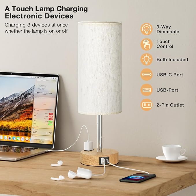 Fenmzee Bedside Table Lamp for Bedroom - 3 Way Dimmable Touch Lamp USB C Charging Ports and AC Outlet, Small Lamp Wood Base Round Flaxen Fabric Shade for Living Room, Desk, LED Bulb Included - Bloomnest