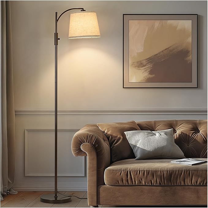 AIDENOEY Fully Dimmable Floor Lamp for Living Room，Standing Lamp Rotary Switch with Linen Beige Shade，Brown Tall Lamps for Bedroom with Adjust Head，9W LED Bulb Included - Bloomnest
