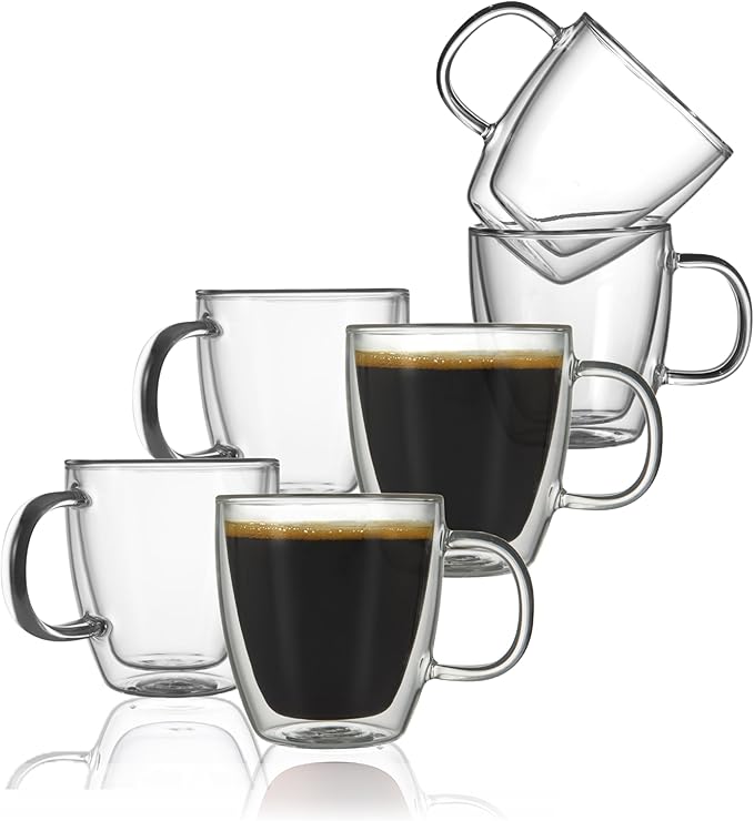 CNGLASS Insulated Espresso Glass Mugs 5.4oz/160ml, Small Clear Coffee Mugs Set of 6, Double Wall Glass Cups with Handle for Tea and Macchiato - Bloomnest