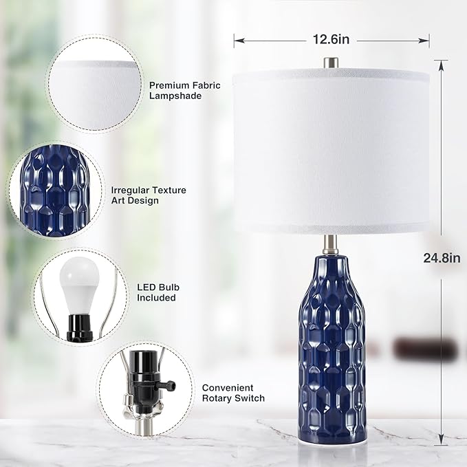 Luvkczc 24.8" Ceramic Table Lamps Set of 2 for Nightstand - 3 Color Temperature&Bulbs Included, Bedside Lamps for Living Room Bedroom Home Office Table Decor, Navy Blue - Bloomnest