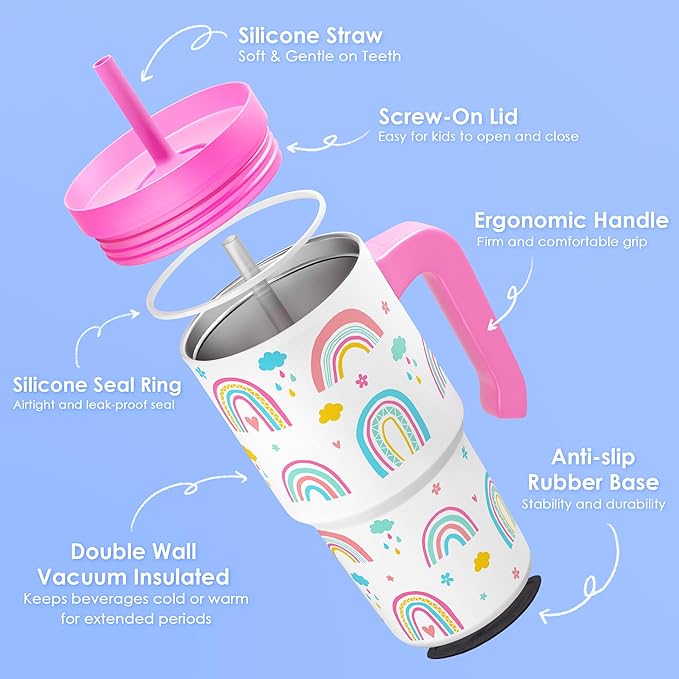 Rainbow Tumbler 20oz with Handle and Silicone Straw Lid for Kid, Insulated Stainless Steel Cup, Gift for Kids Girls, Gifts Idea for Birthday Christmas Back to School - Bloomnest