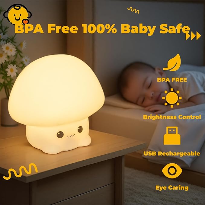 LED Squishy Animal Night Light - 2 Level Dimmable Nursery Lamp for Kids, Rechargeable Touch Lamp, Cute Dorm Decor - Perfect Baby Boys Girls Gift (Cartoon Mushroom) - Bloomnest
