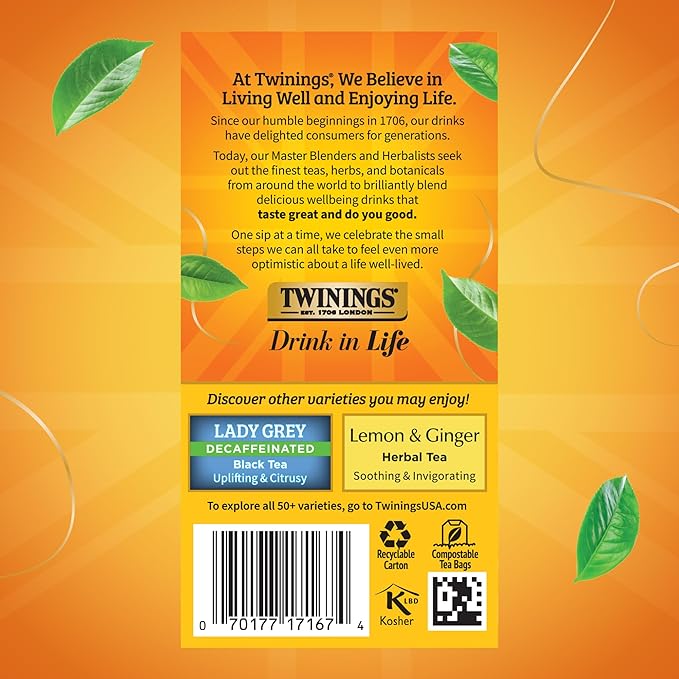 Twinings Decaffeinated Earl Grey Black Tea Individually Wrapped Bags, 20 Count (Pack of 1), Flavoured with Citrus and Bergamot, Enjoy Hot or Iced, 20 Teabags - Bloomnest