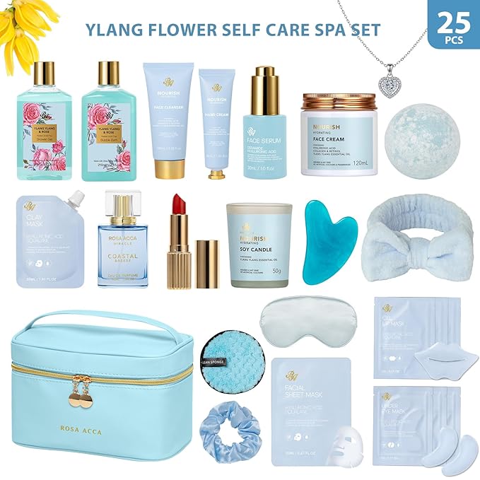 25 Pcs Bath & Body Gift Set for Women, Skin Care Kit, Spa Gift Basket, Self Care, Facial Sheet Mask, Perfume, Cosmetic Bag, Serum, Necklace, Bath Bomb, Christmas, Valentine's, Birthday, Mothers Day