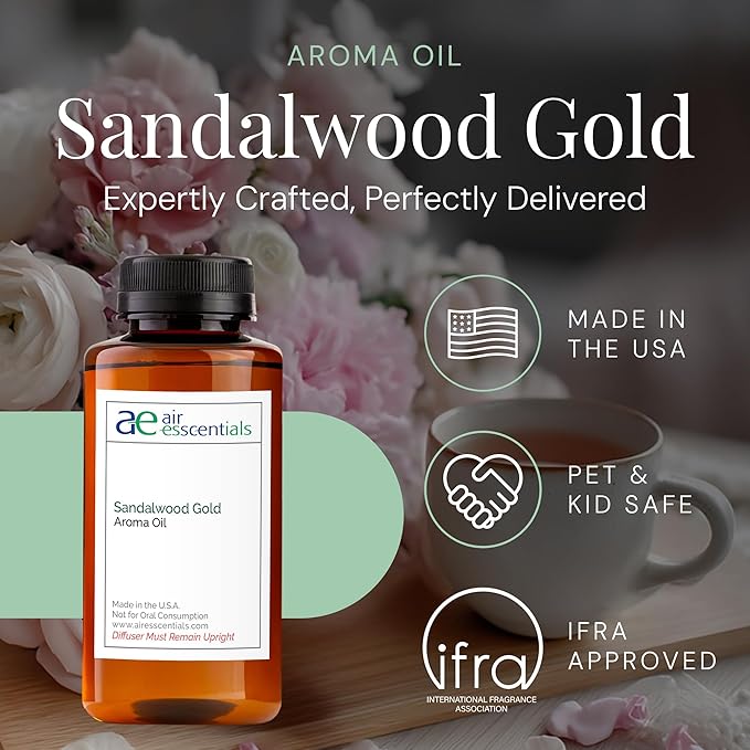 Sandalwood Gold Aroma Oil, Essential Oils Blend for Diffusers & Scent Machines, Sweet Afternoon Tea & Rose, Aromatherapy, Cold Air Diffuser Compatible, 300 mL - Bloomnest
