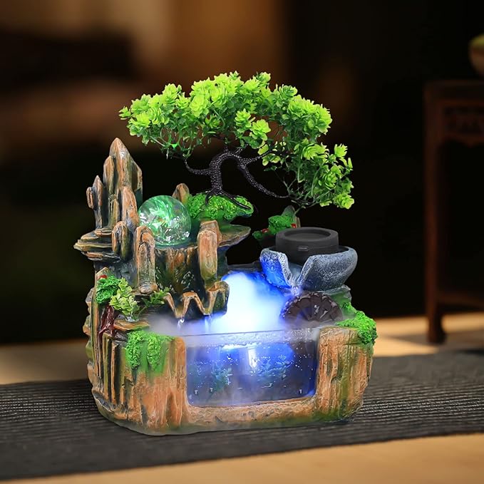 10Inch Bonsai Tree Rock Water Fountains Indoor Tabletop Waterfall Humidifier with LED Light and Atomizer Mist, Desktop Decoration Fake Plants Mini Fish Tank Feng Shui Decor Festival Birthday surprise - Bloomnest