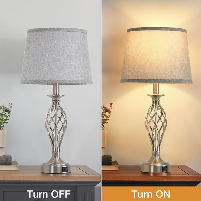 Nightstand Table Lamps for Bedrooms Set of 2 with USB C+A, Bedside Lamps with Spiral Cage Base, Tall Living Room Lamps for End Tables, Modern Night Stand Lamps for Bed Side Guest Room Bulbs Included - Bloomnest