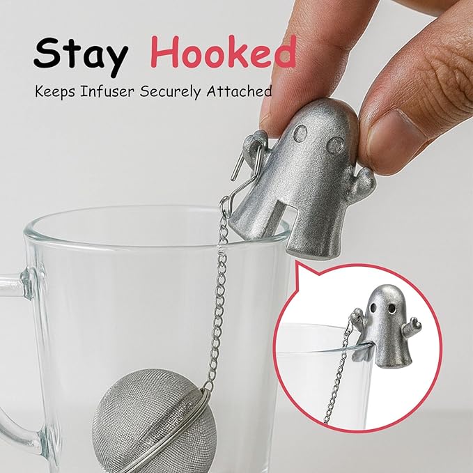Calico Cat Tea Infuser Set - Adorable Tricolor Kitty Hook, Fine Mesh Loose Leaf Tea Steeper, Stainless Steel, No Mess, 1 Pack (Ghost Hugging the Cup Edge)