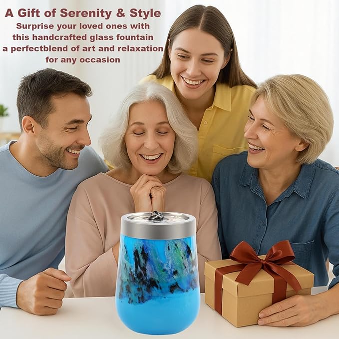 VOREEN Handblown Glass Tabletop Fountain – Blue Glass Fountain with Color-Changing Glow – Artistic Indoor Water Feature with Optional Aromatherapy for Home, Spa, Office Décor - Bloomnest