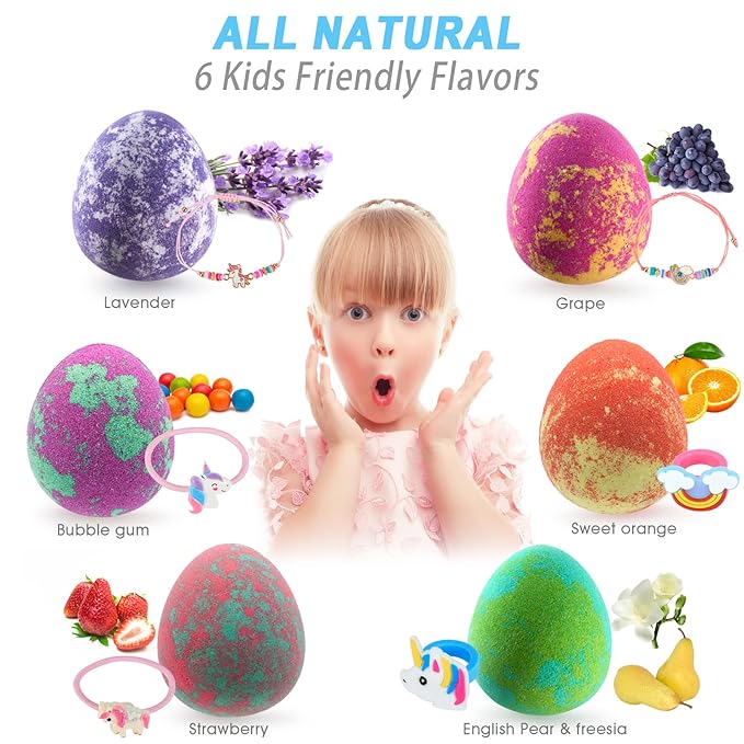 Bath Bombs for Kids with Surprise Inside- Dino Egg Bath Bombs for Girls, 6 Pcs Bubble Bath Bomb, Dinosaur Bathbombs Gift Set, Unicorn Jewelry for Girls, Birthday Gifts, Christmas Gift Thanksgiving - Bloomnest