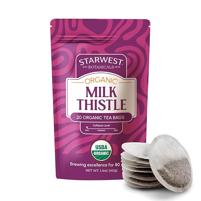 Starwest Botanicals Organic Milk Thistle Seed Tea - Caffeine Free Herbal Tea, Promotes Calm, USDA Organic Milk Thistle Seed, String Free Sachets, Non GMO - 20 Tea Bags - Bloomnest