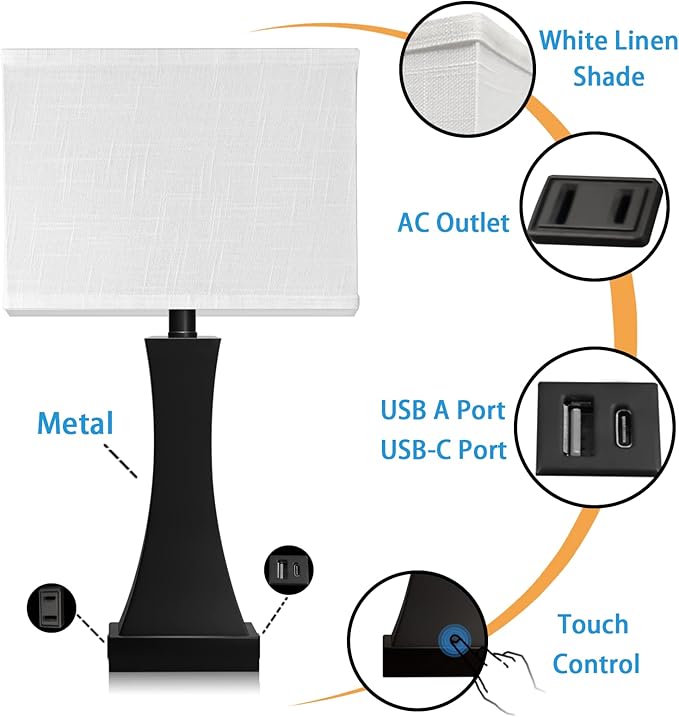 Table Lamp for Bedroom 3-Way Dimmable Touch Control Bedside Lamp with USB A+C Port & AC Outlet 21.6" Tall Nightstand Lamp for Living Room Office and Hotel Bulb Included - Bloomnest