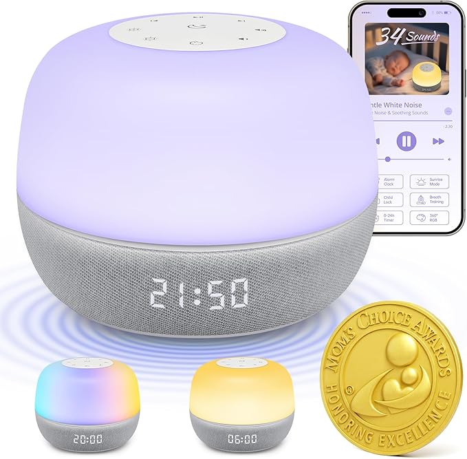 2025 Mom's Choice Awards | Sound Machine Baby White Noise Machine with Sunrise Alarm Clock & App Control – 360° RGB Night Light, Sleep Soother for Adults & Kids, Baby Essentials for Newborns - Bloomnest