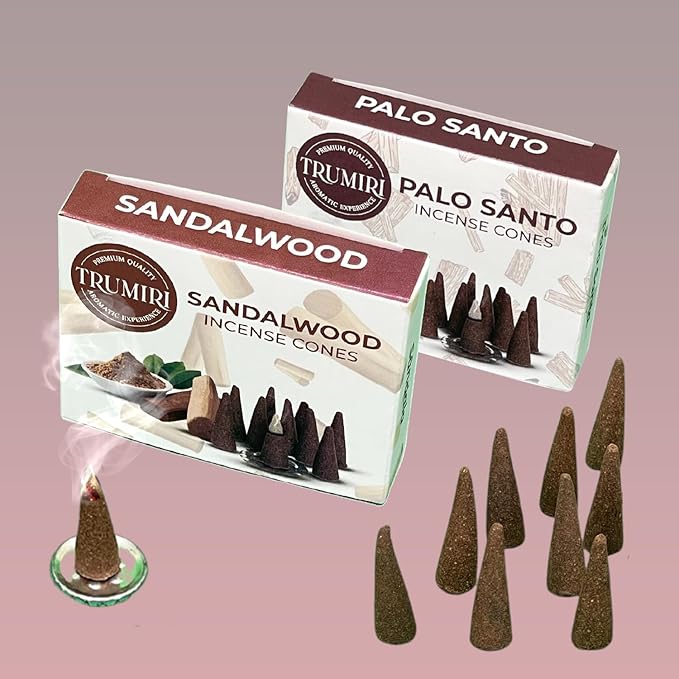 TRUMIRI Incense Cones - Combo Pack of 20 Cone Incense - 10 Palo Santo + 10 Sandalwood - Insence Cones - Incense Cones Scented - Cone Incense Scents - Insense Cones - Incent Cone TRUMIRI