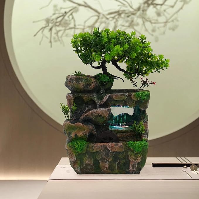 Indoor Water Fountain Humidifier Desktop Waterfall Bonsai Tabletop Fountains with Color LED Light Fake Mountain Bonsai Home Decoration Rockery Tree Plants for Home Office Bedroom (B) - Bloomnest