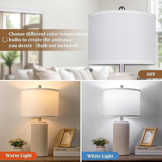 TOBUSA 23.5’’ Modern Ceramic Table Lamps Set of 2 for Living Room, Farmhouse Vintage Bedside Table Lamps with White Linen Shade, Rustic Bedroom Ceramic Lamps for Nightstand Home Office End Table Dorm - Bloomnest