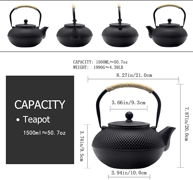 Big Cast Iron Teapot, Japanese Tetsubin Tea Kettle for Stovetop Safe, Cast Iron Teapot with Tea Strainer for Loose Tea and a Fully Enameled Interior (1500ml/50.7oz) - Bloomnest