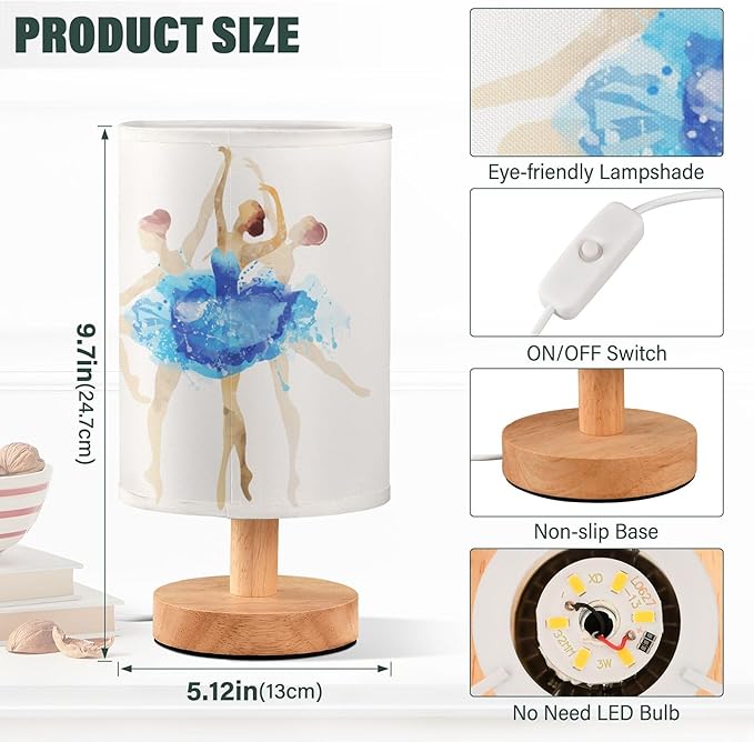 Table Lamp Ballerina Ballet Dancer in Pastel Color Dancing on White Nightstand Lamp with Wood Base Fabric Lamp Shade Bedside Desk Lamp for Living Room Bedroom Kids Room Office - Bloomnest