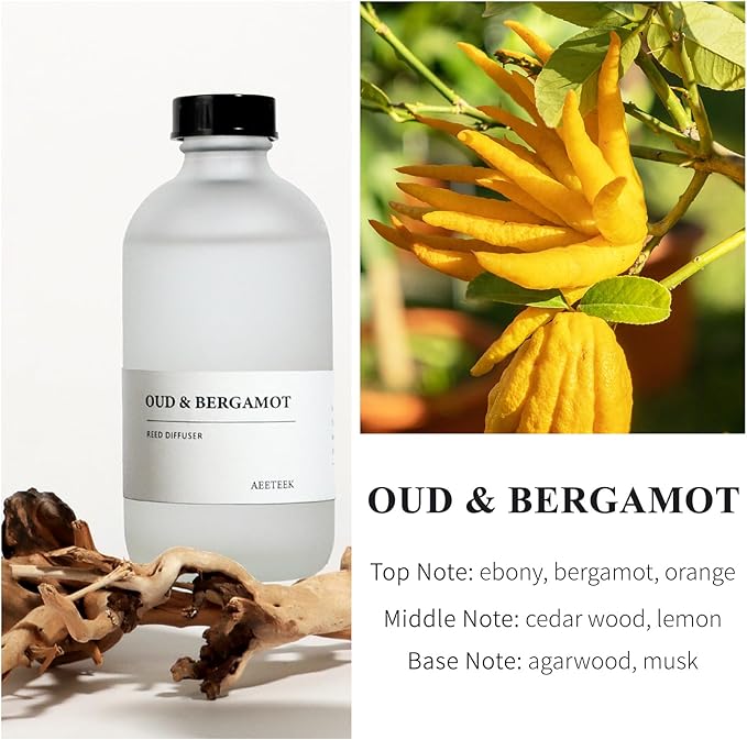 Oud Bergamot Reed Diffuser, 7.4oz(220ml) Orange & Cedar Wood Essential Oils, Air Freshener for Bathroom with Willow Branches Decor, Long Lasting Fragrance for Home, Office (1-Pack) AEETEEKHOMEFRAGRANCE