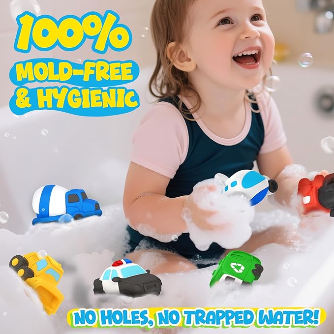 6 PCS Vehicle Floating Bath Toys Mold Free Infant Bath Tub Toys for 12 Months - No Hole Bathtub Toys for Toddlers 1-3 Water Pool Toys for Baby Toddler Ages 1+ - Bloomnest